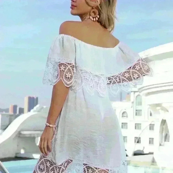 Shein Womens Dress Lace Hem Off the Shoulder  Cover Up White One-Size - Picture 2 of 10